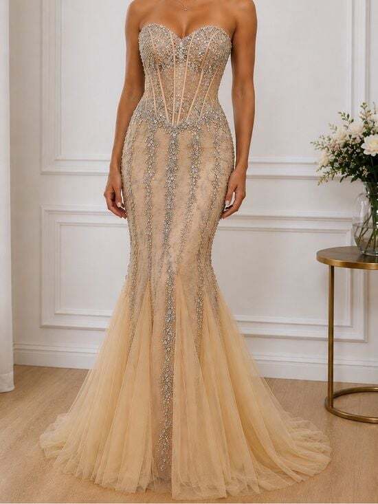Jovani Dresses & Skirts - Jovani Beaded Strapless Mermaid Gown Nude Champagne Size 4 Formal Prom Dress
